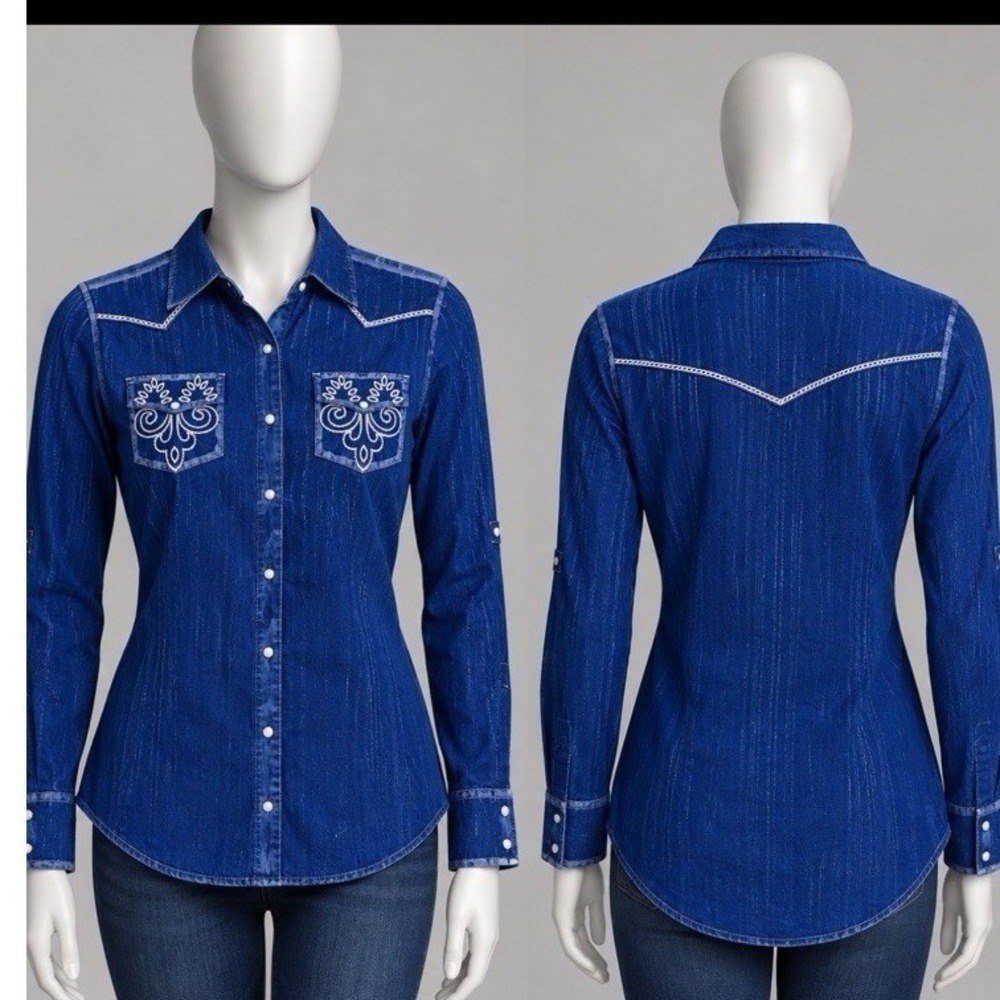 Vintage Shyanne Western Shirt Womens Medium Blue Embroidered Pearl Snap